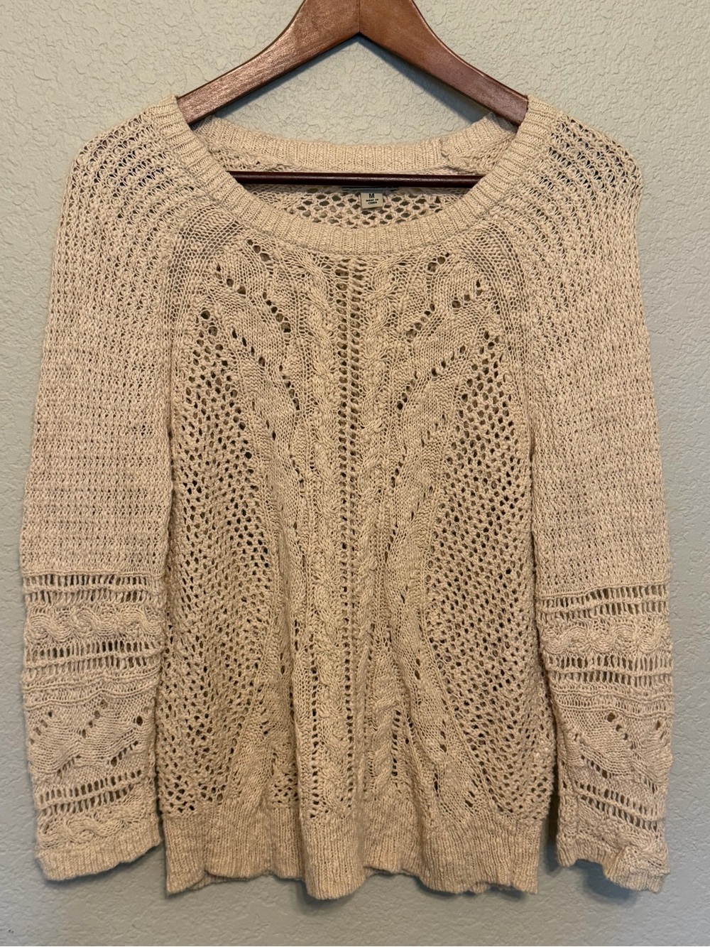 Lucky Brand Cream Round Neck Pointelle Holes Cable Knit Sweater Size Medium